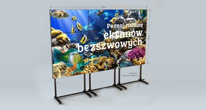 Wypożyczalnia ekranów bezszwowych o formacie 3x3el. wymiar 308x174cm - instalacja ekranów bezszwowych na stoiskach targowych, na scenach, w hotelach.